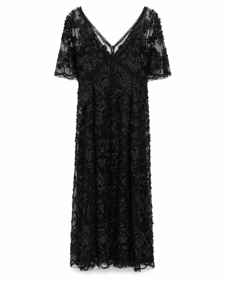 Louis Vuitton black floral lace dress with deep V-neckline, sheer short sleeves, defined underbust seam and long flowing silhouette.