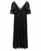 Louis Vuitton black floral lace dress with deep V-neckline, sheer short sleeves, defined underbust seam and long flowing silhouette.