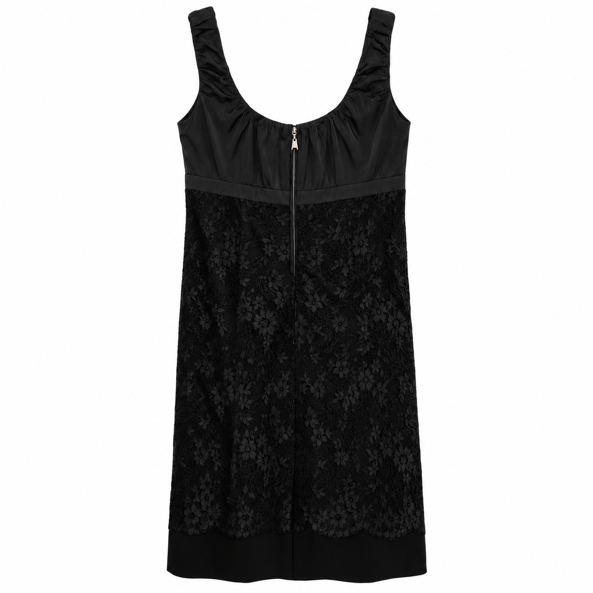 Louis Vuitton black lace corset dress with satin bodice, floral lace body, scoop neckline, wide shoulder straps, fitted silhouette and back zip fastening.