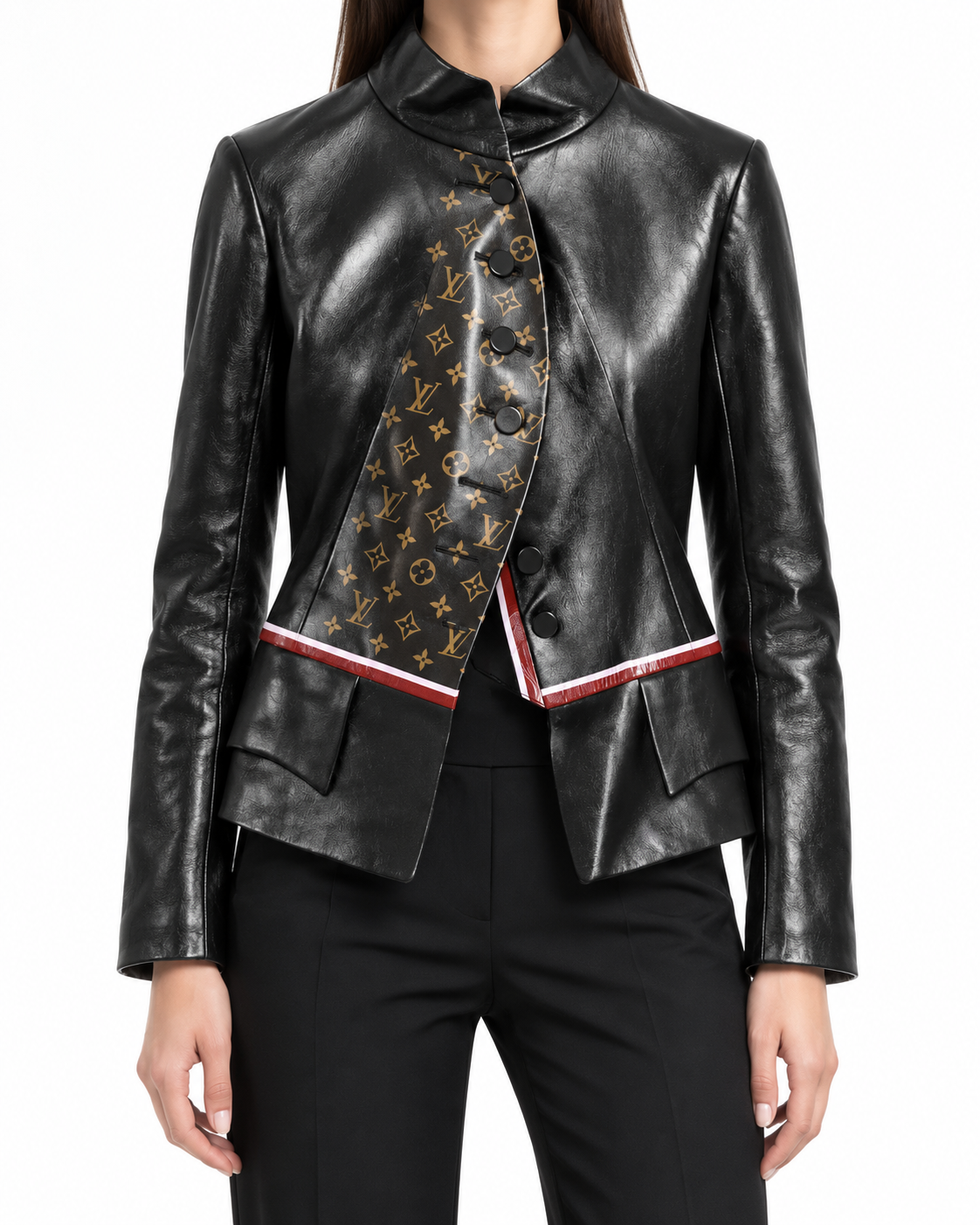 Louis Vuitton black leather jacket with gold-tone Monogram front panel, high stand collar, asymmetric button fastening and red and white waist trim.