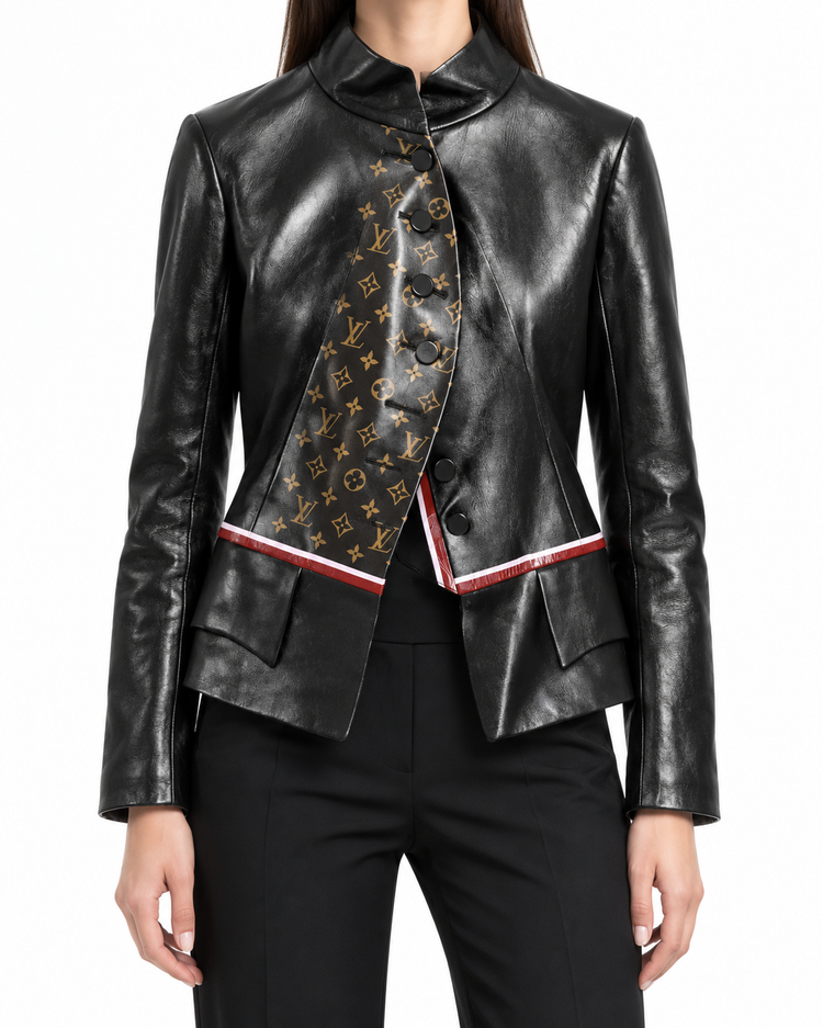 Louis Vuitton black leather jacket with gold-tone Monogram front panel, high stand collar, asymmetric button fastening and red and white waist trim.
