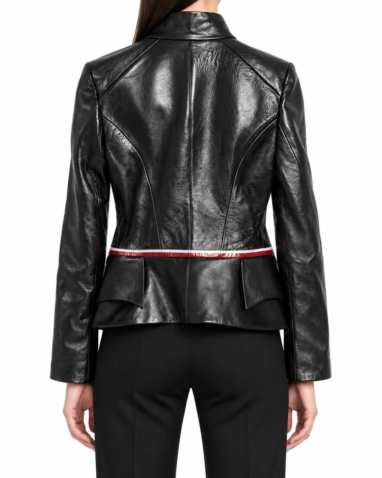Louis Vuitton black leather jacket with gold-tone Monogram front panel, high stand collar, asymmetric button fastening and red and white waist trim.