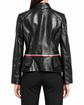 Louis Vuitton black leather jacket with gold-tone Monogram front panel, high stand collar, asymmetric button fastening and red and white waist trim.