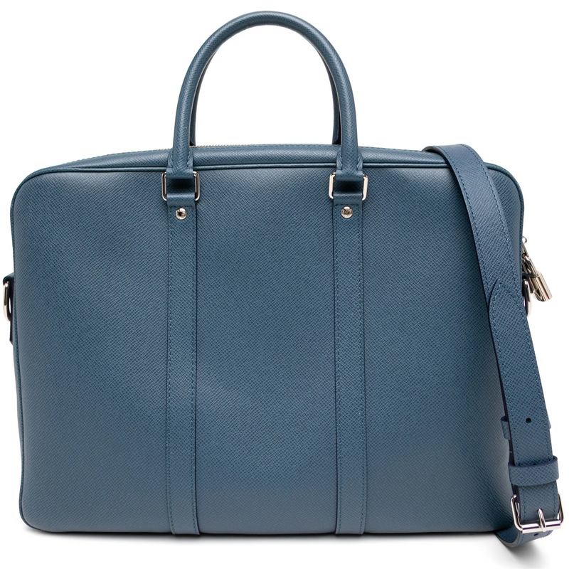 Louis Vuitton blue leather document bag with textured finish, dual top handles, detachable shoulder strap, silver-tone hardware and zip-around closure.