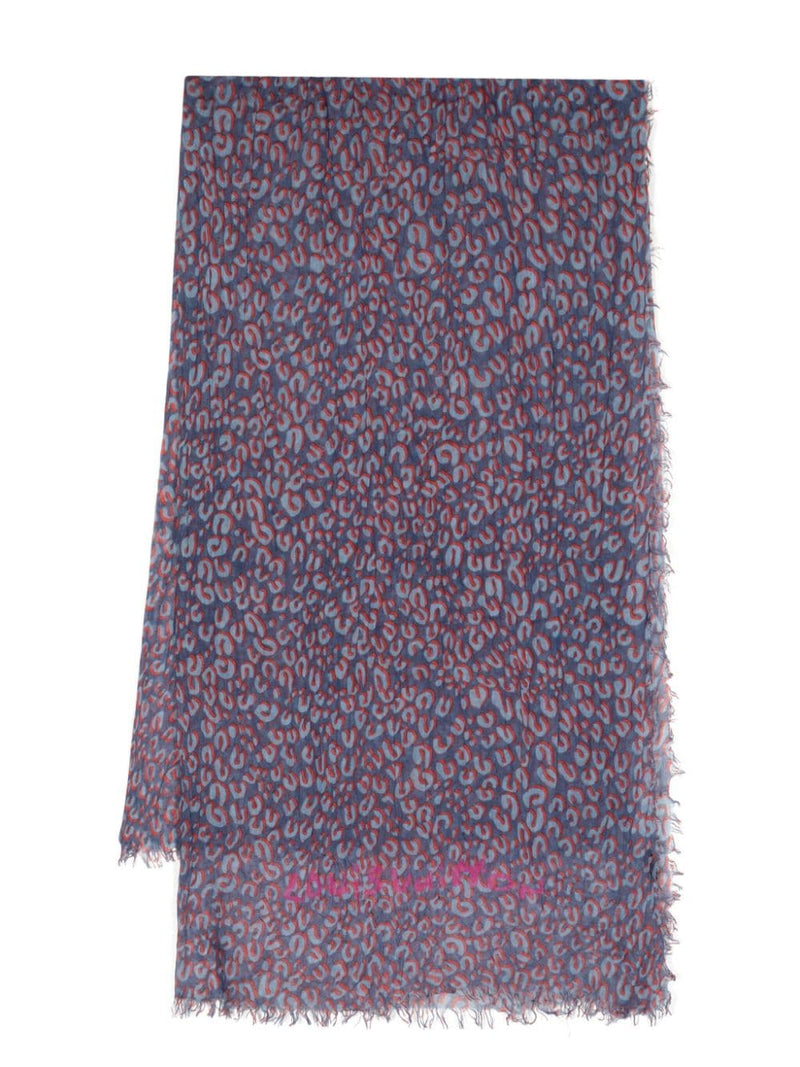 Louis Vuitton cheetah print scarf in blue, grey and red with an all-over abstract animal pattern, frayed edges and subtle Louis Vuitton signature detail.