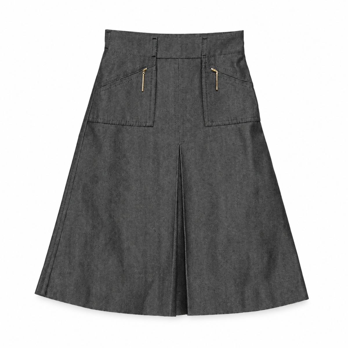 Louis Vuitton dark grey denim A-line midi skirt with high waist, front patch pockets, gold-tone zip details and central front pleat.