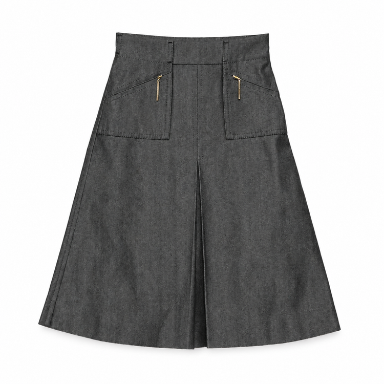 Louis Vuitton dark grey denim A-line midi skirt with high waist, front patch pockets, gold-tone zip details and central front pleat.