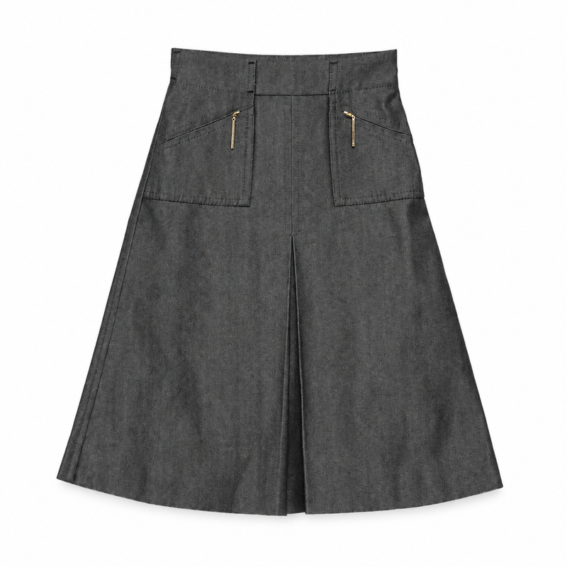 Louis Vuitton dark grey denim A-line midi skirt with high waist, front patch pockets, gold-tone zip details and central front pleat.