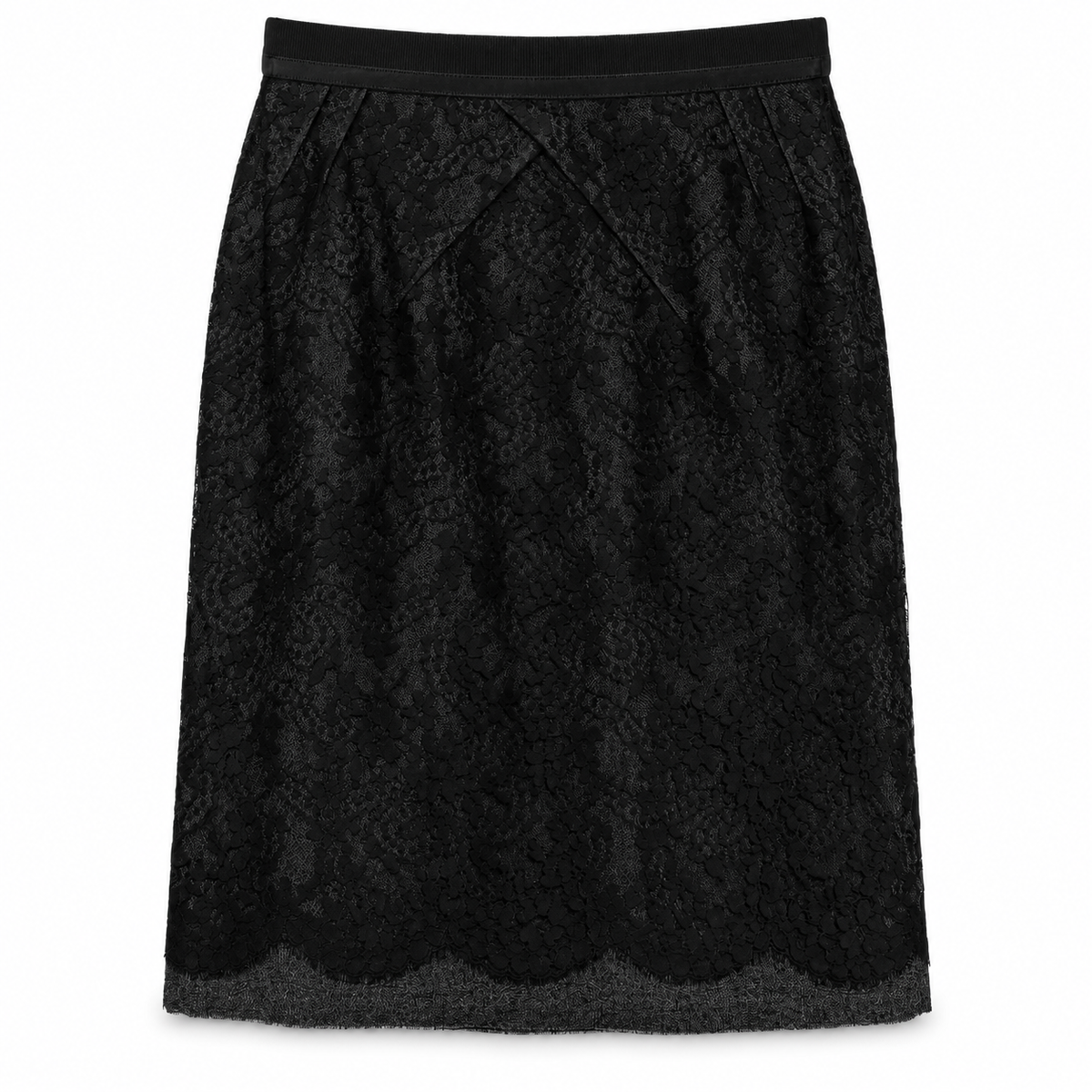 Louis Vuitton black mid-length lace skirt with floral lace overlay, smooth waistband, subtle front pleating and scalloped hem.