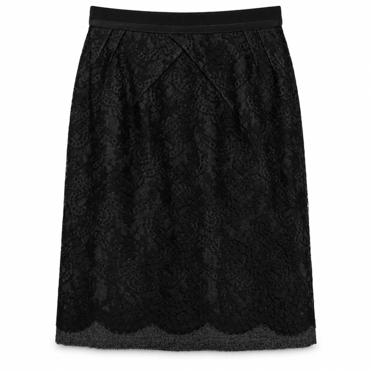 Louis Vuitton black mid-length lace skirt with floral lace overlay, smooth waistband, subtle front pleating and scalloped hem.