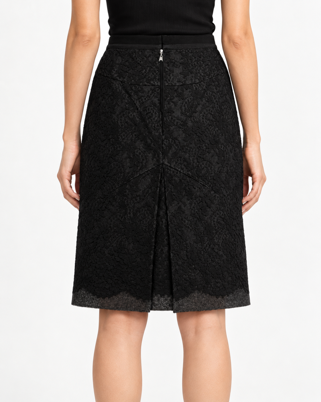 Louis Vuitton black mid-length lace skirt with floral lace overlay, smooth waistband, subtle front pleating and scalloped hem.