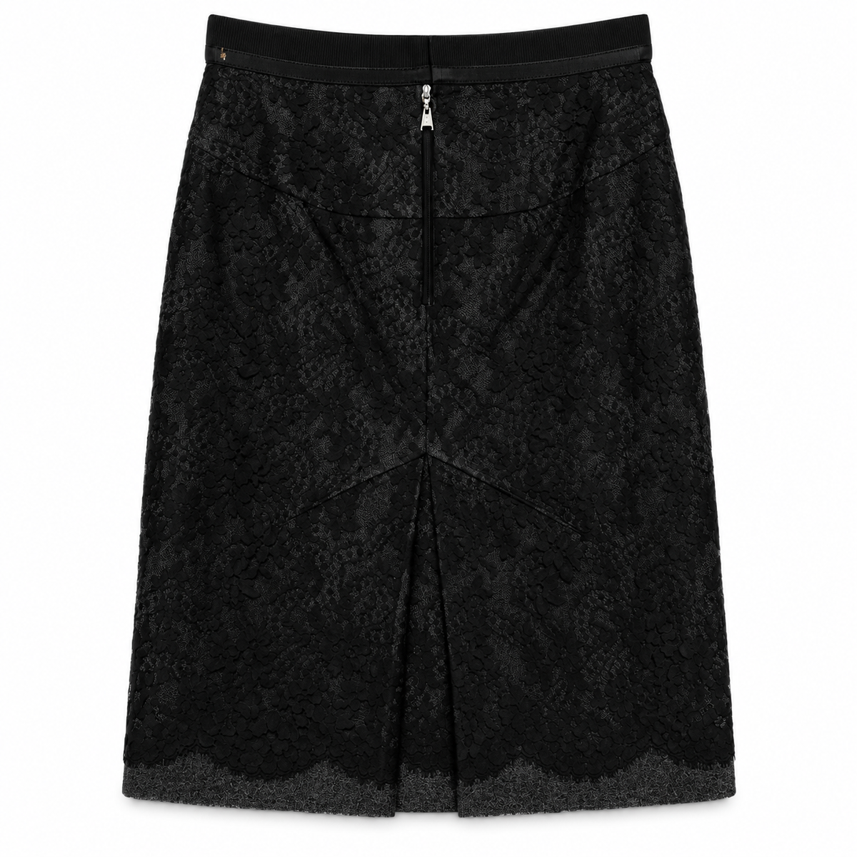 Louis Vuitton black mid-length lace skirt with floral lace overlay, smooth waistband, subtle front pleating and scalloped hem.