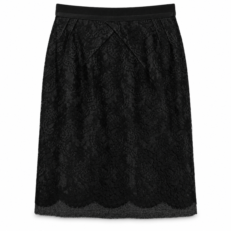 Louis Vuitton black mid-length lace skirt with floral lace overlay, smooth waistband, subtle front pleating and scalloped hem.