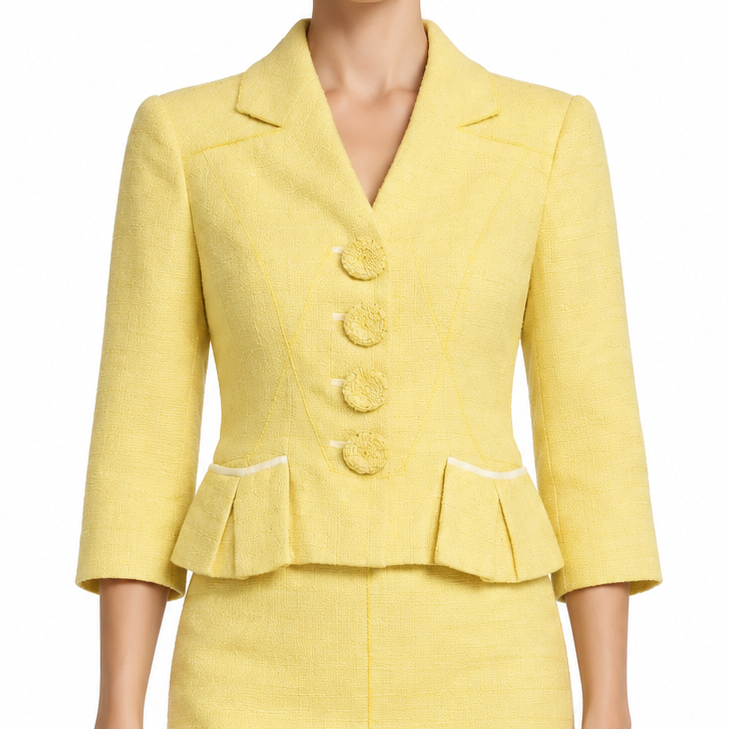 Louis Vuitton pale yellow tweed cropped blazer with notched lapels, three-quarter sleeves, covered front buttons and structured peplum-style pocket detailing.