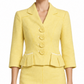 Louis Vuitton pale yellow tweed cropped blazer with notched lapels, three-quarter sleeves, covered front buttons and structured peplum-style pocket detailing.