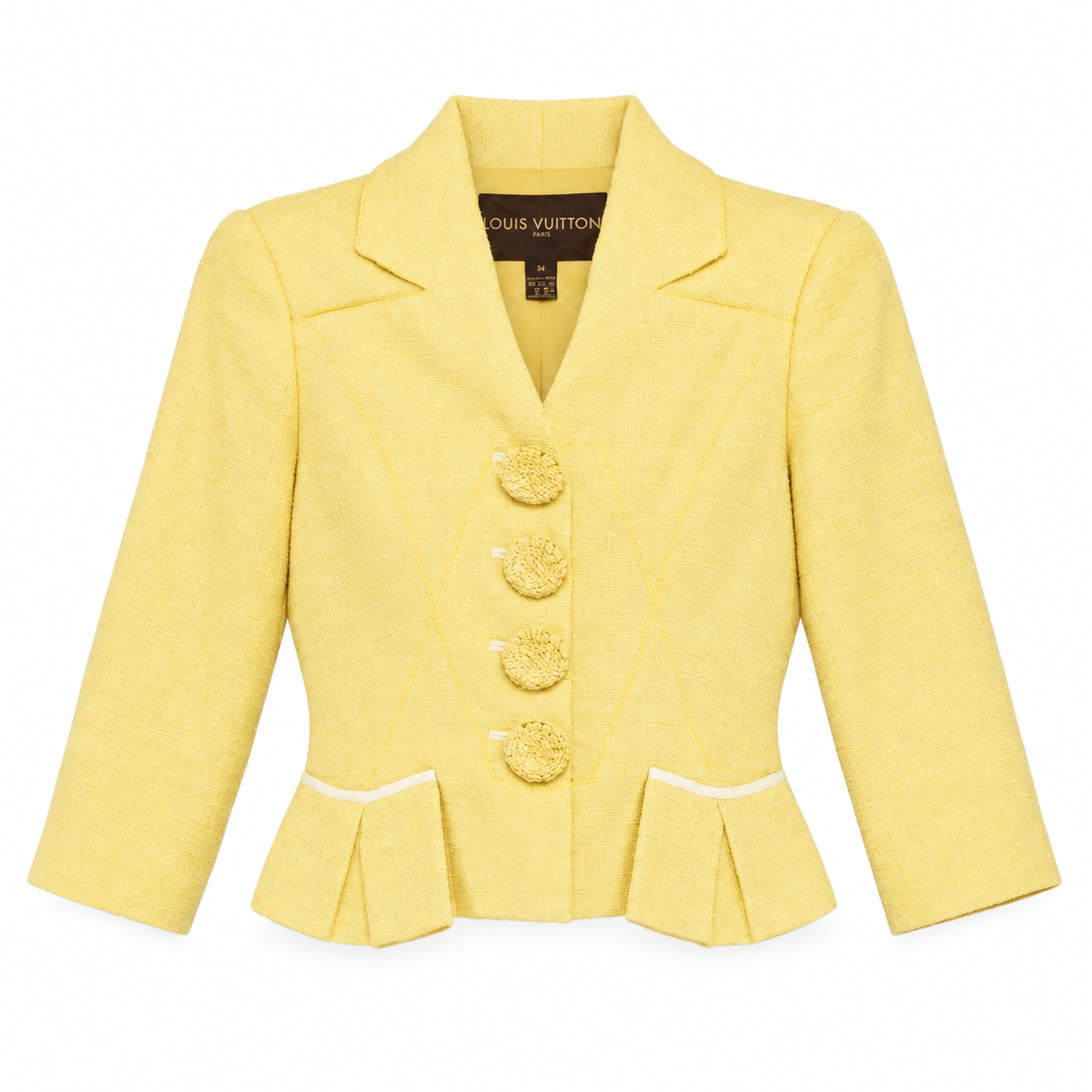 Louis Vuitton pale yellow tweed cropped blazer with notched lapels, three-quarter sleeves, covered front buttons and structured peplum-style pocket detailing.