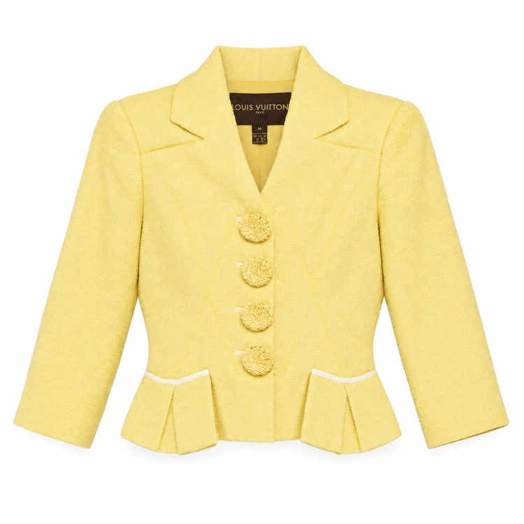 Louis Vuitton pale yellow tweed cropped blazer with notched lapels, three-quarter sleeves, covered front buttons and structured peplum-style pocket detailing.