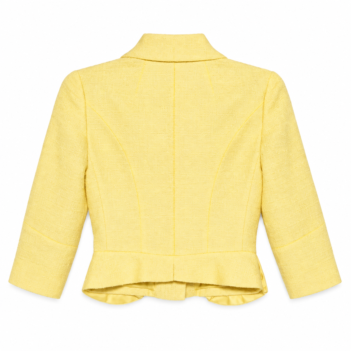 Louis Vuitton pale yellow tweed cropped blazer with notched lapels, three-quarter sleeves, covered front buttons and structured peplum-style pocket detailing.