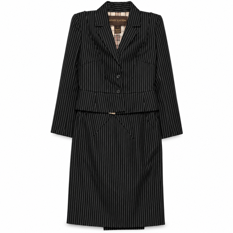 Louis Vuitton striped skirt suit set featuring a tailored blazer and matching skirt, stylish and elegant for sophisticated looks.
