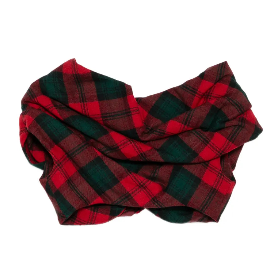 Louis Vuitton Fall 2004 tartan mini cape with oversized rosette in red, burgundy and deep green plaid, shown as a Marc Jacobs runway piece.