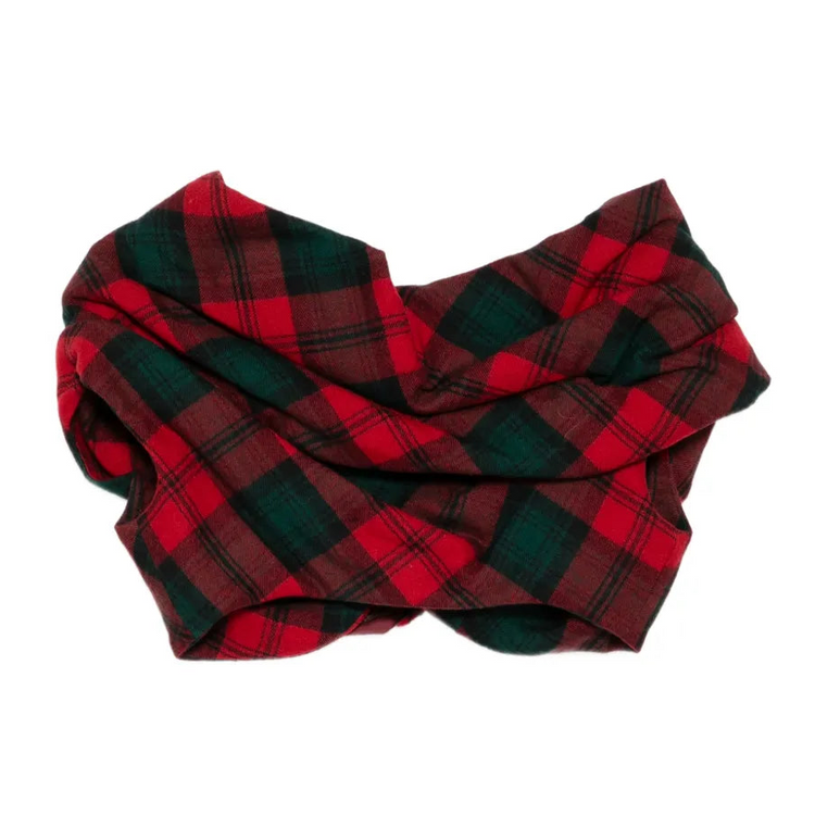 Louis Vuitton Fall 2004 tartan mini cape with oversized rosette in red, burgundy and deep green plaid, shown as a Marc Jacobs runway piece.