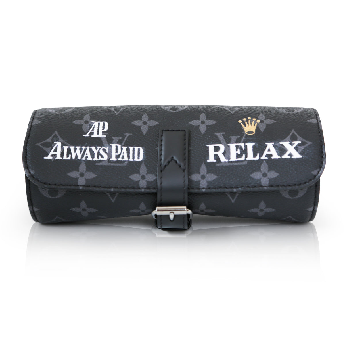 Louis Vuitton watch pouch wallet in black leather with gold-tone hardware, compact and stylish for travel and everyday use.
