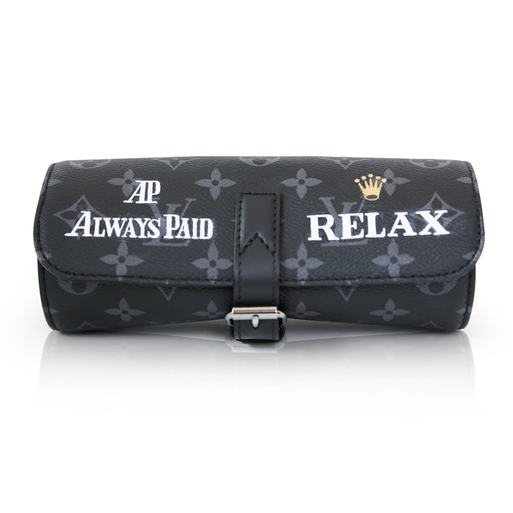Louis Vuitton watch pouch wallet in black leather with gold-tone hardware, compact and stylish for travel and everyday use.