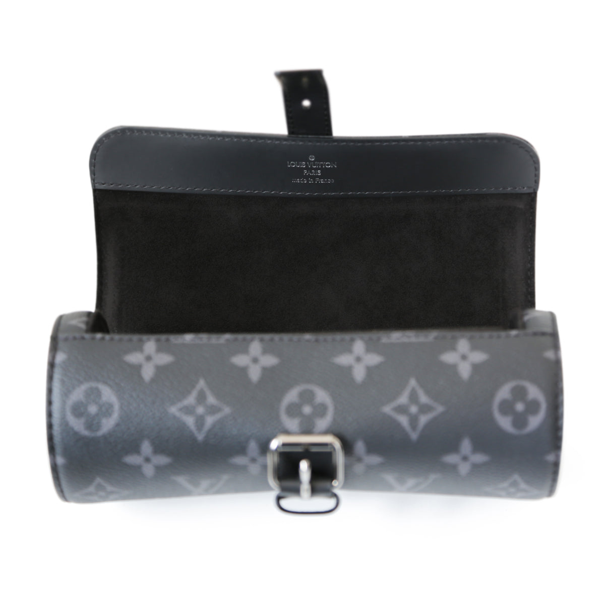 Louis Vuitton watch pouch wallet in black leather with gold zipper, compact and stylish for storing watches and small accessories.