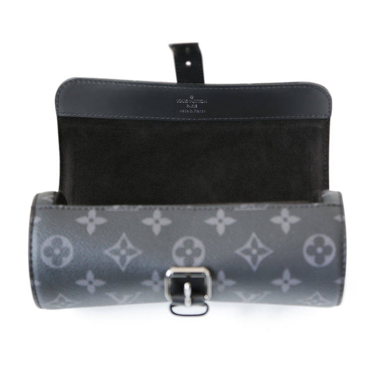 Louis Vuitton watch pouch wallet in black leather with gold zipper, compact and stylish for storing watches and small accessories.
