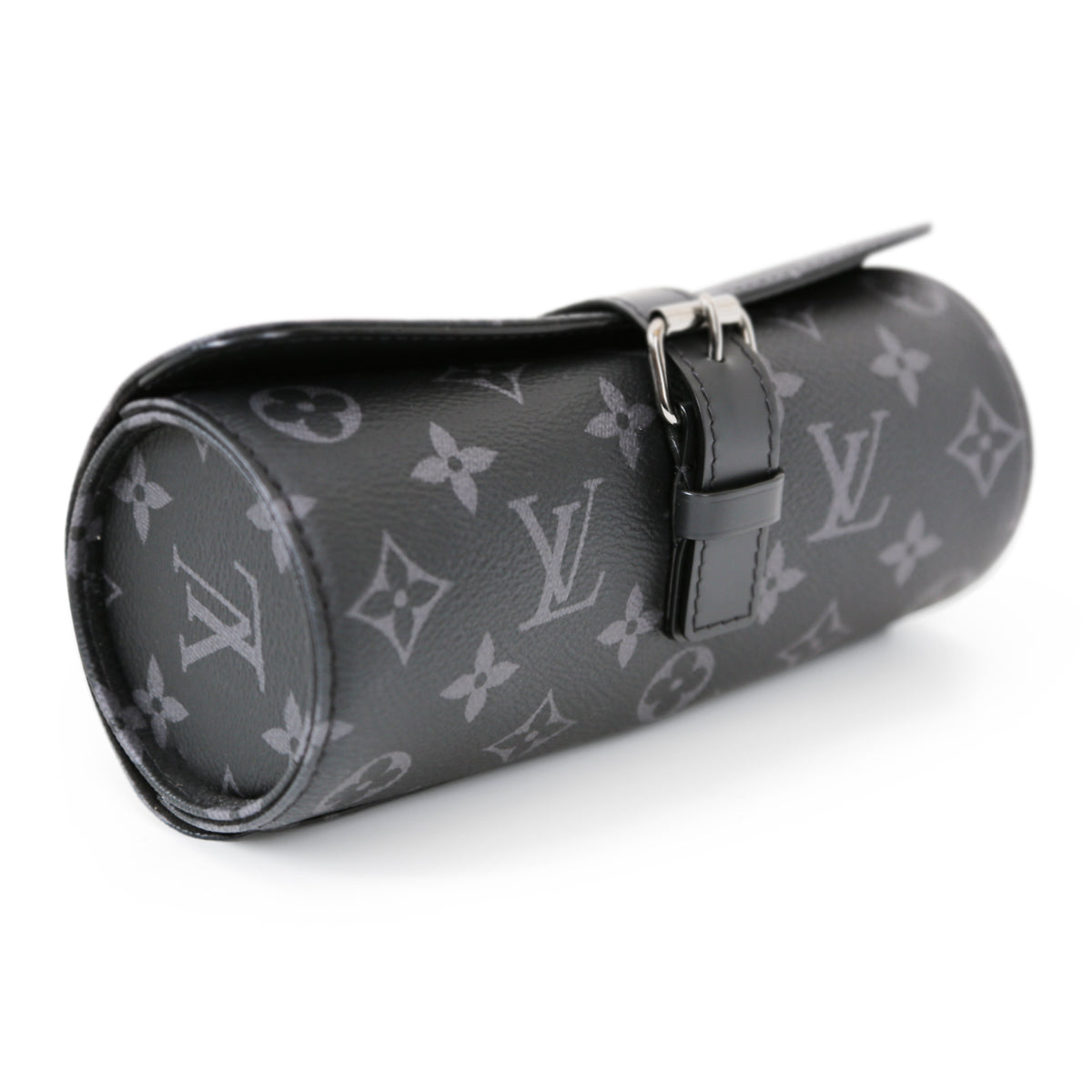 Louis Vuitton watch pouch wallet in black leather with gold hardware, designed for storing and protecting watches.