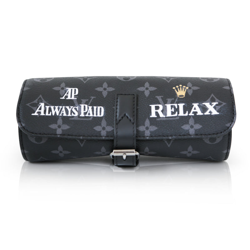 Louis Vuitton watch pouch wallet in black leather with gold-tone hardware, compact and stylish for travel and everyday use.