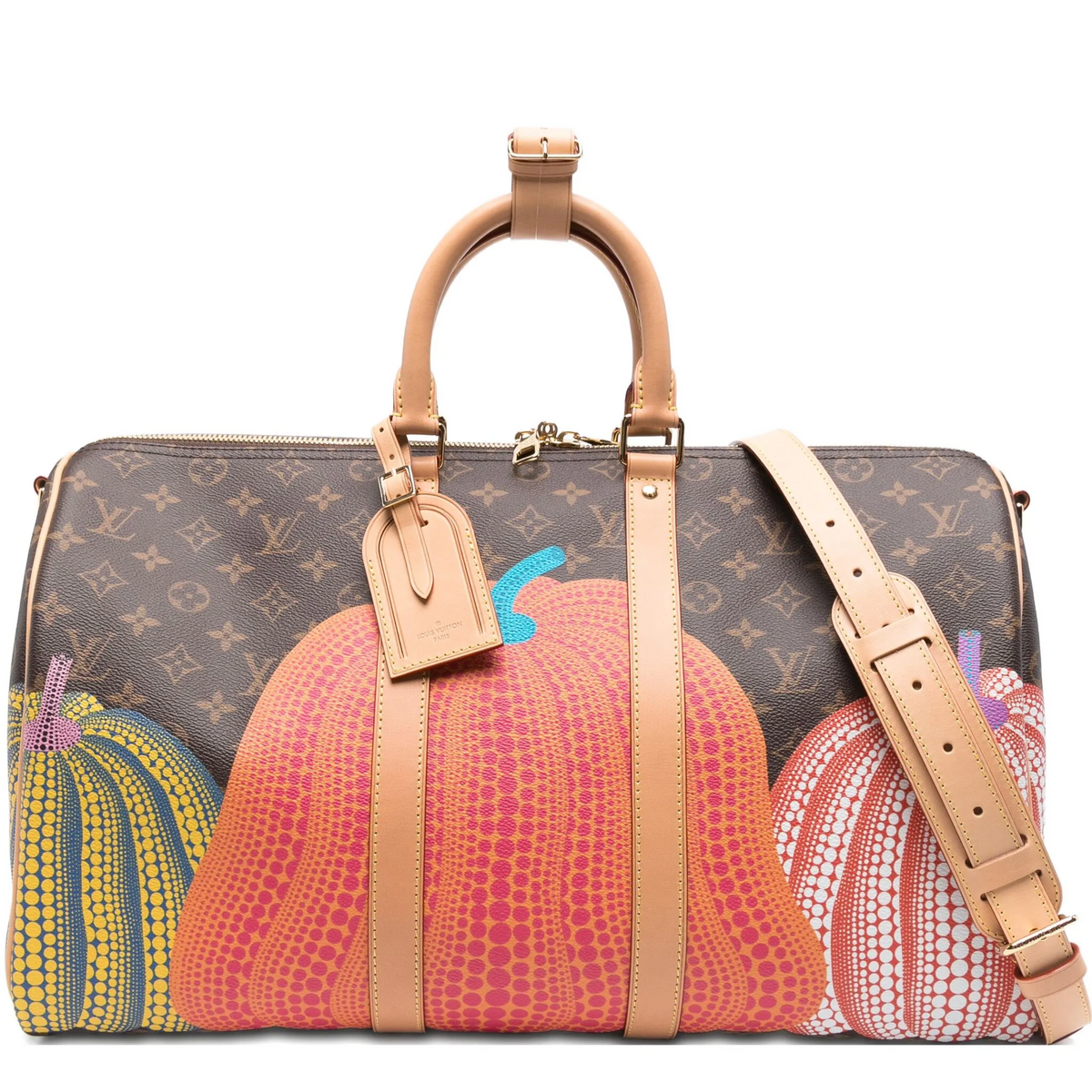 Louis Vuitton x Yayoi Kusama Monogram Pumpkins Keepall Bandoulière 45 in brown Monogram canvas with multicolour pumpkin print, natural leather trim, top handles and detachable shoulder strap.