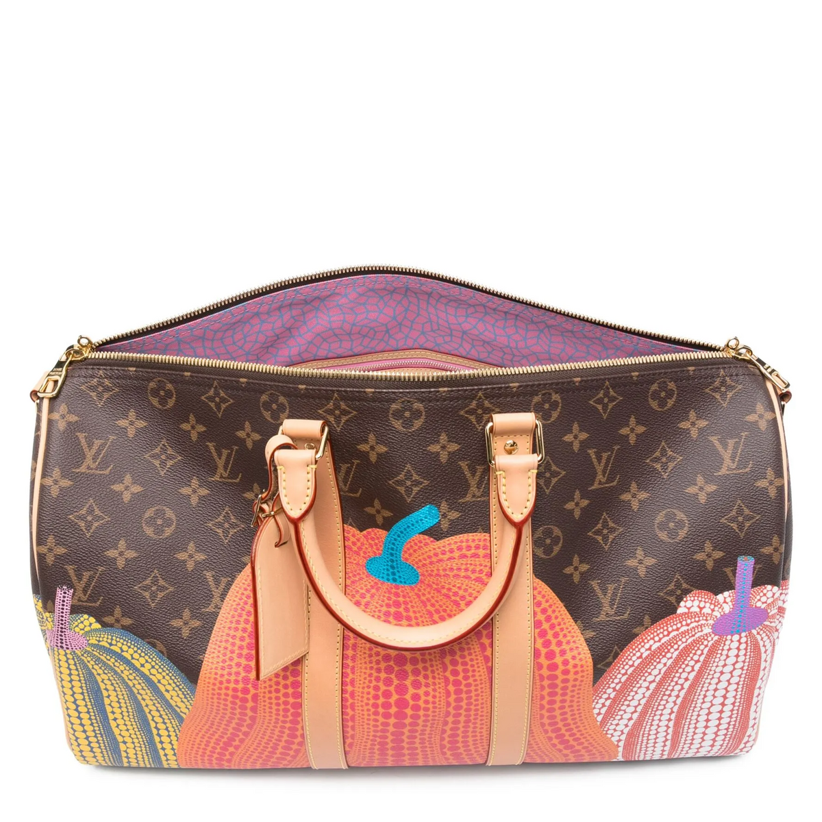 Louis Vuitton LV x Yayoi Kusama Monogram Pumpkins Keepall Bandoulière 45 travel bag with vibrant pumpkin pattern and Monogram canvas.