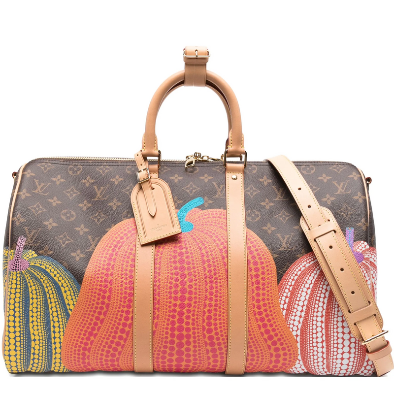 Louis Vuitton x Yayoi Kusama Monogram Pumpkins Keepall Bandoulière 45 in brown Monogram canvas with multicolour pumpkin print, natural leather trim, top handles and detachable shoulder strap.