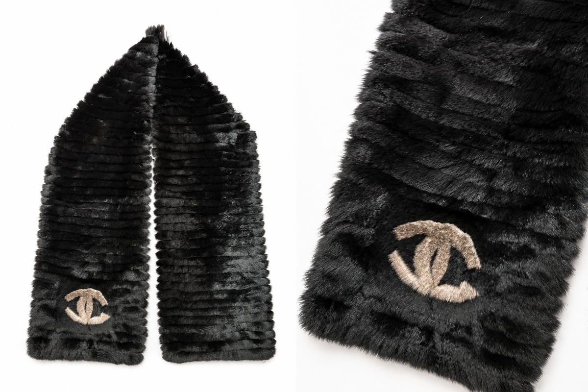 Chanel black wool and Orylag fur shawl, displayed in a two-panel product image