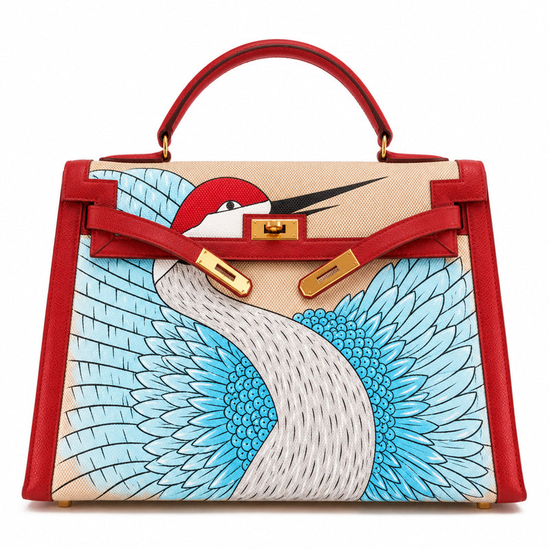 Hermès Kelly 32 Rouge Toile GHW top handle bag with red trim and crane design, crafted from luxurious leather.