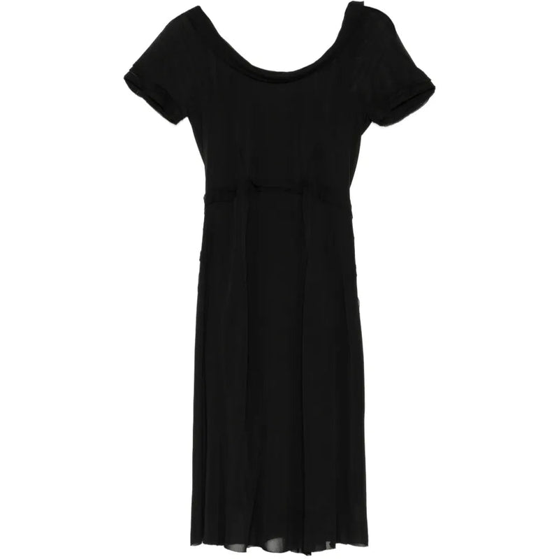 Black crepe boat neck dress by Other Designers, showcasing a stylish and elegant design with long sleeves and a fitted silhouette.