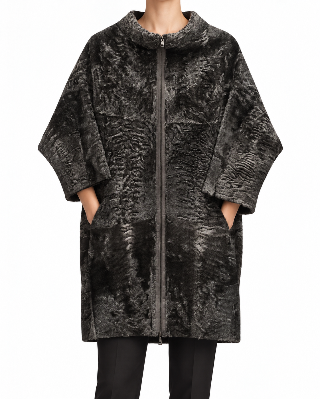 Marni grey fur coat, stylish winter outerwear with plush fur texture, full-length view showcasing classic design.