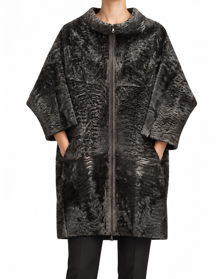 Marni grey fur coat, stylish winter outerwear with plush fur texture, full-length view showcasing classic design.
