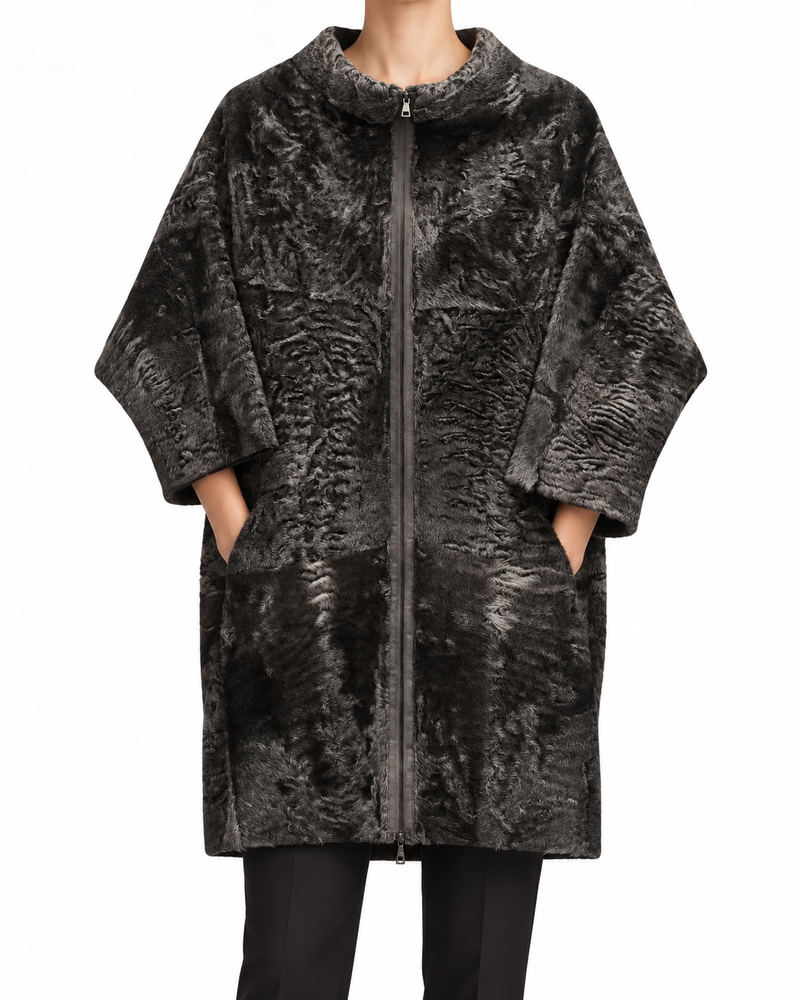 Marni grey fur coat featuring plush fur texture, stylish winter outerwear with a luxurious and cozy appearance.
