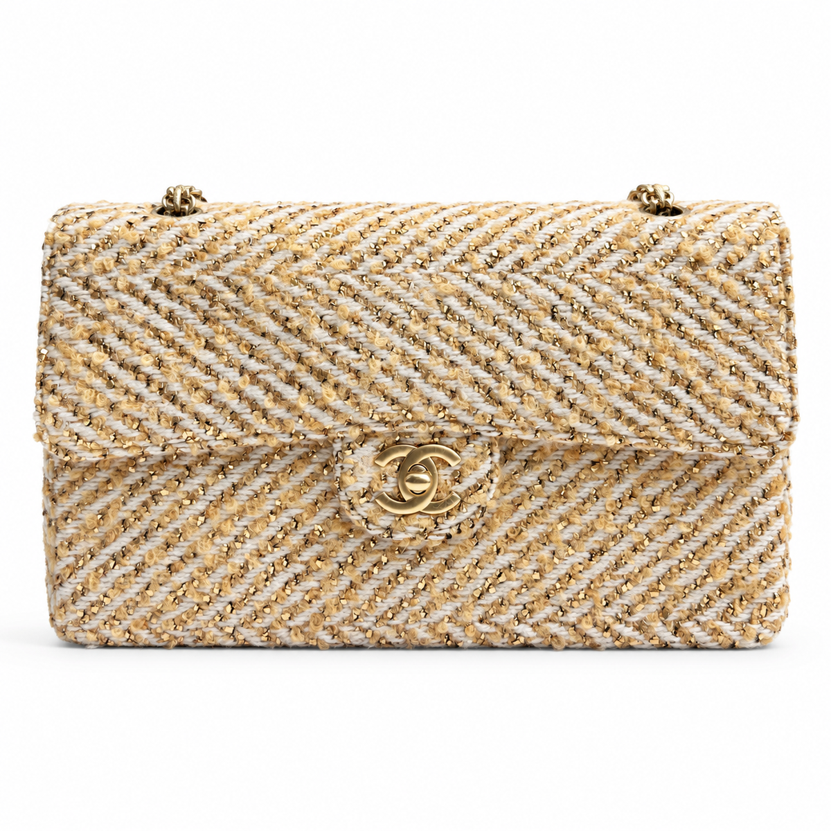 Chanel medium gold tweed shoulder bag with a single flap and gold-tone hardware, stylish and elegant accessory.