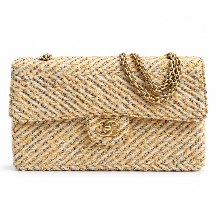 Chanel medium gold tweed shoulder bag with single flap, stylish and elegant accessory with chain strap detail.
