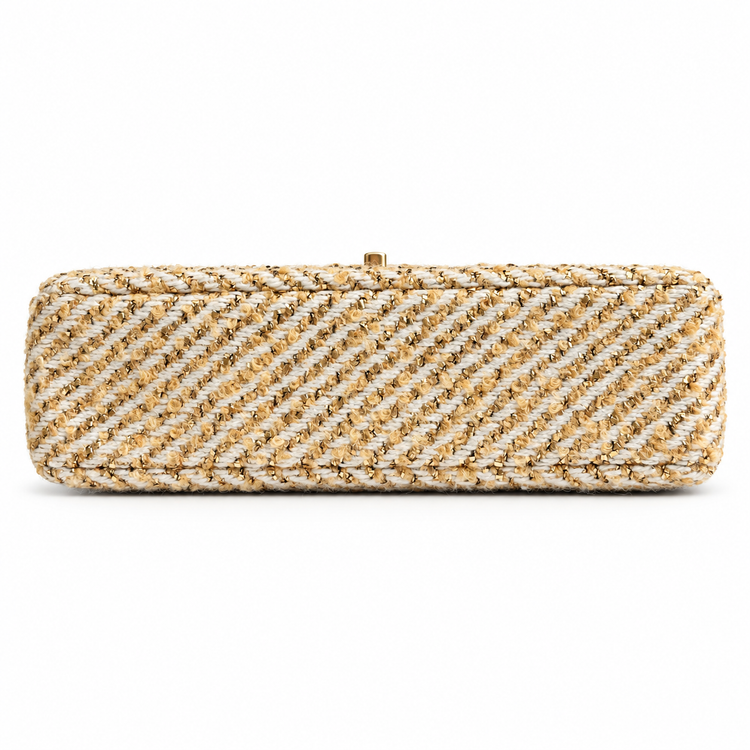 Chanel medium gold tweed shoulder bag with single flap and chain strap, stylish and elegant accessory for any outfit.