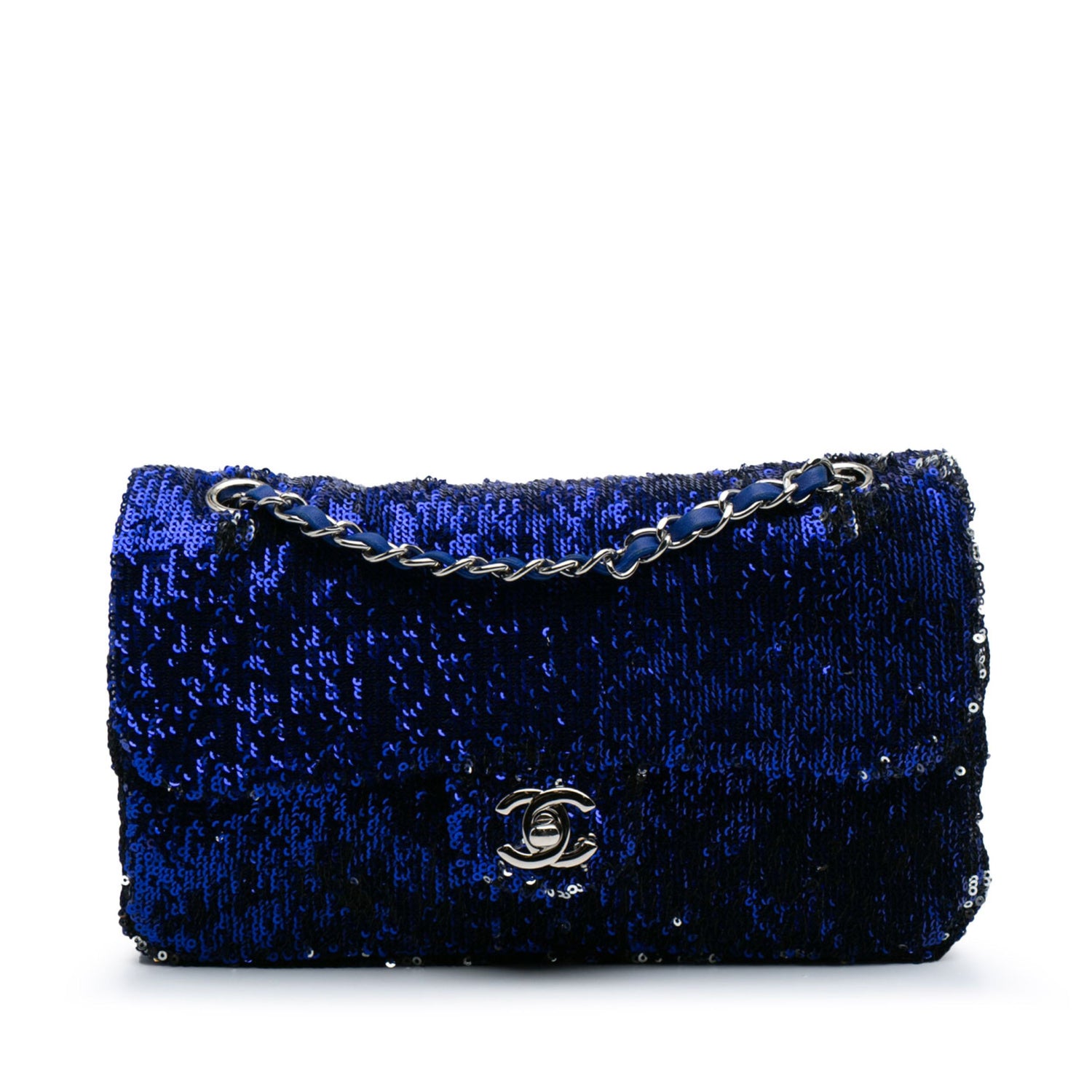 Chanel medium sequin shoulder bag with single flap and chain strap, sparkling sequins on black fabric for elegant style.