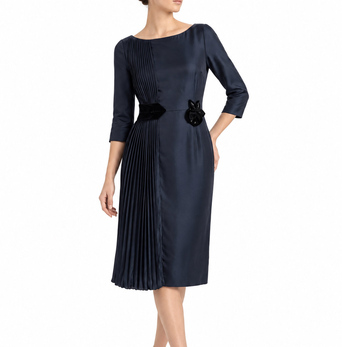 Midnight blue Prada silk pleated cocktail dress with elegant satin fabric and flowing design, perfect for formal occasions.