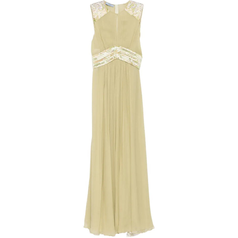 Prada mint silk gown showcasing a flowing, elegant dress with delicate fabric and sophisticated design for formal occasions.