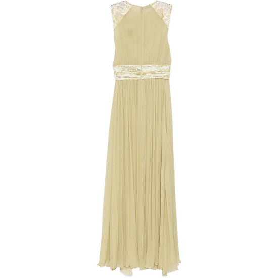 Prada mint silk gown shown from the back, elegant flowing dress with smooth silk fabric and subtle detailing.