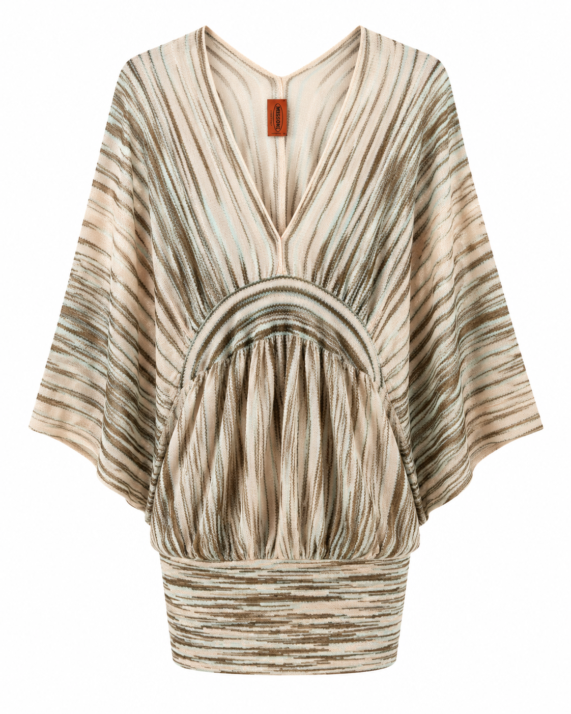Missoni beige striped knit kaftan mini dress with deep V-neckline, batwing sleeves, fitted waistband, gathered front detail, self-tie back belt, and pale blue and brown stripe pattern.