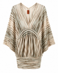 Missoni beige striped knit kaftan mini dress with deep V-neckline, batwing sleeves, fitted waistband, gathered front detail, self-tie back belt, and pale blue and brown stripe pattern.
