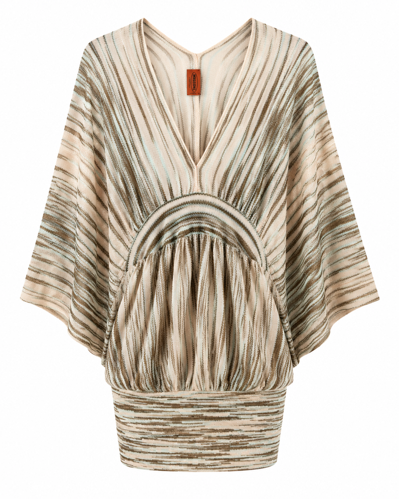 Striped knit Missoni kaftan dress with flowing silhouette and bold colorful pattern, perfect for casual or summer wear.